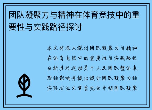 团队凝聚力与精神在体育竞技中的重要性与实践路径探讨