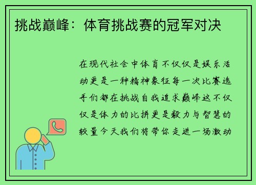 挑战巅峰：体育挑战赛的冠军对决